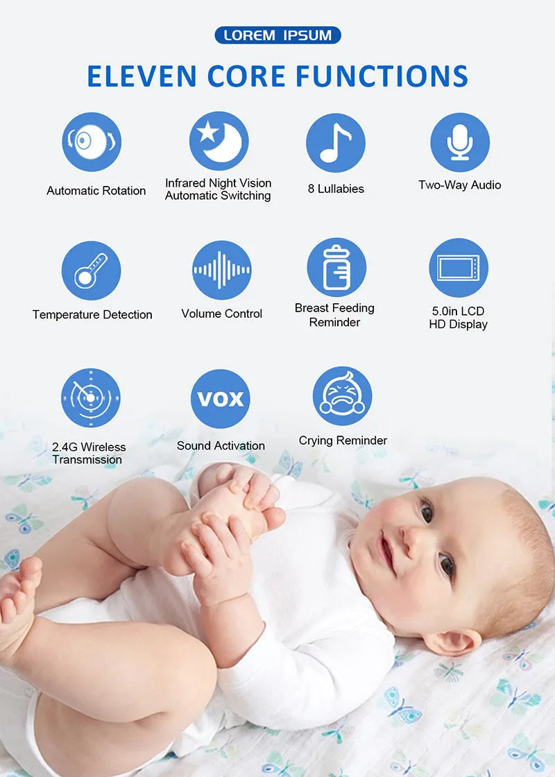 White wireless baby monitor with 5-inch HD screen on a nursery shelf