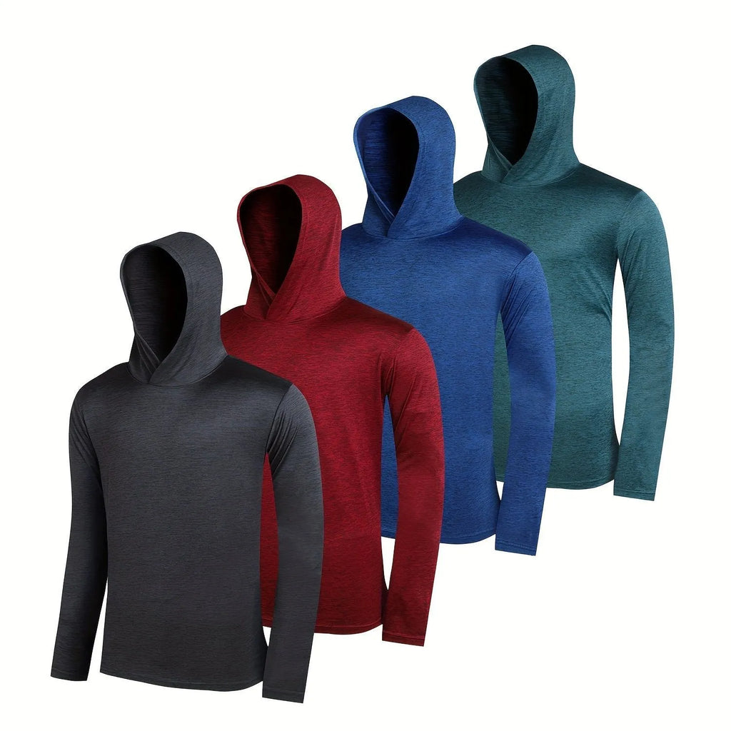 Set of four men's lightweight hoodies in elastic polyester fabric, shown in multiple colours.