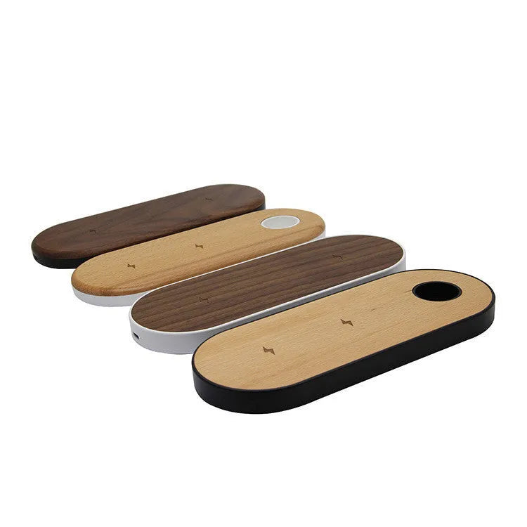 Wooden wireless charger with bamboo base and natural wood edging on desk surface