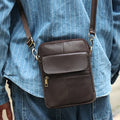 Men's brown genuine leather crossbody shoulder bag with decorative sewing lines