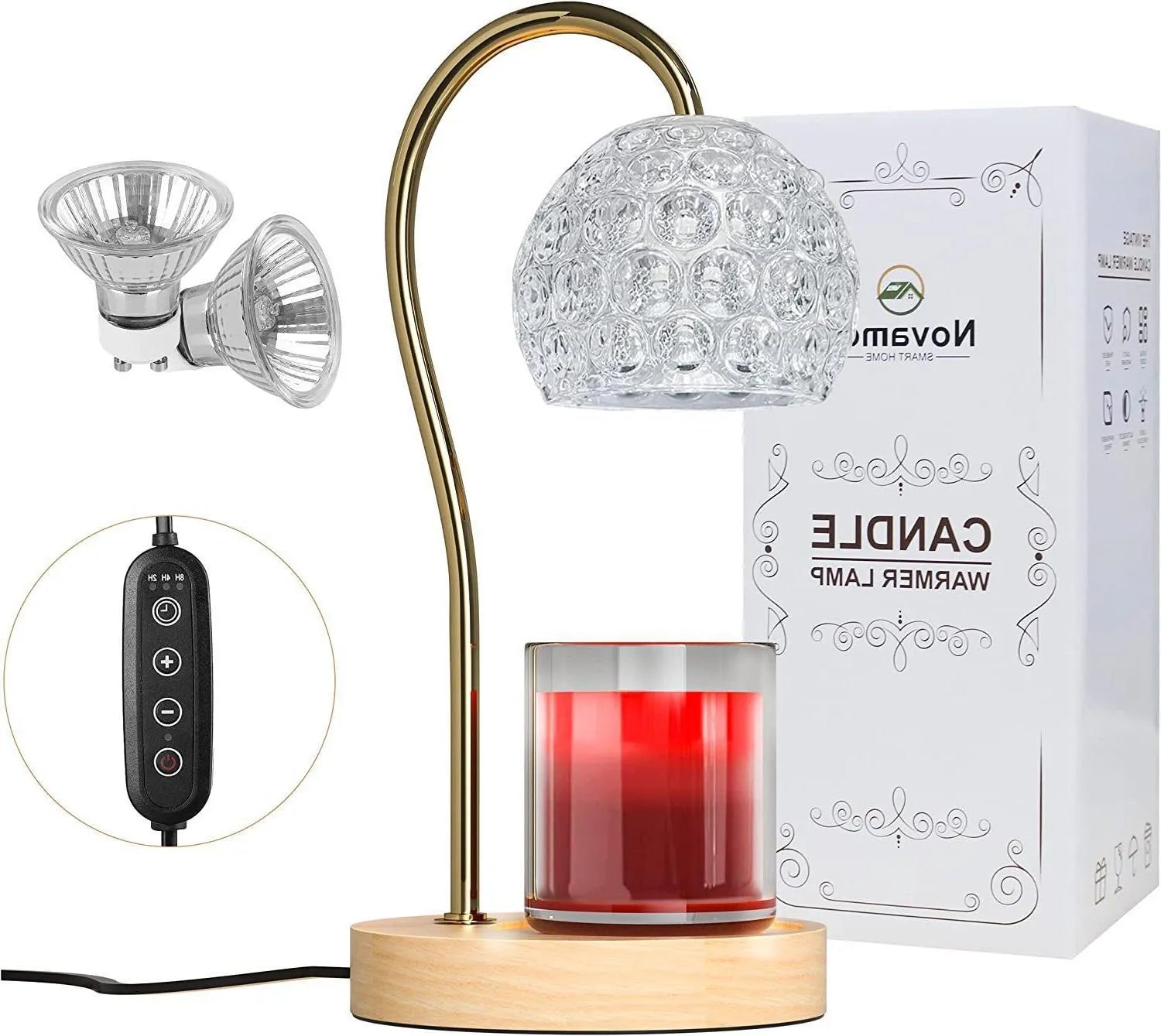 Creative fragrance lamp with bamboo wood holder, amber lily colour, timing and dimming controls, no flame design