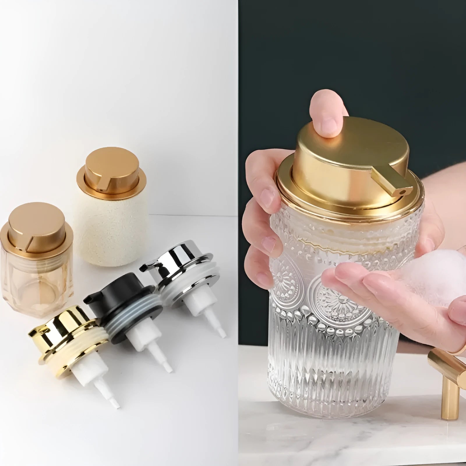 ABS plastic facial cleanser foam pump dispenser with large head in gold finish