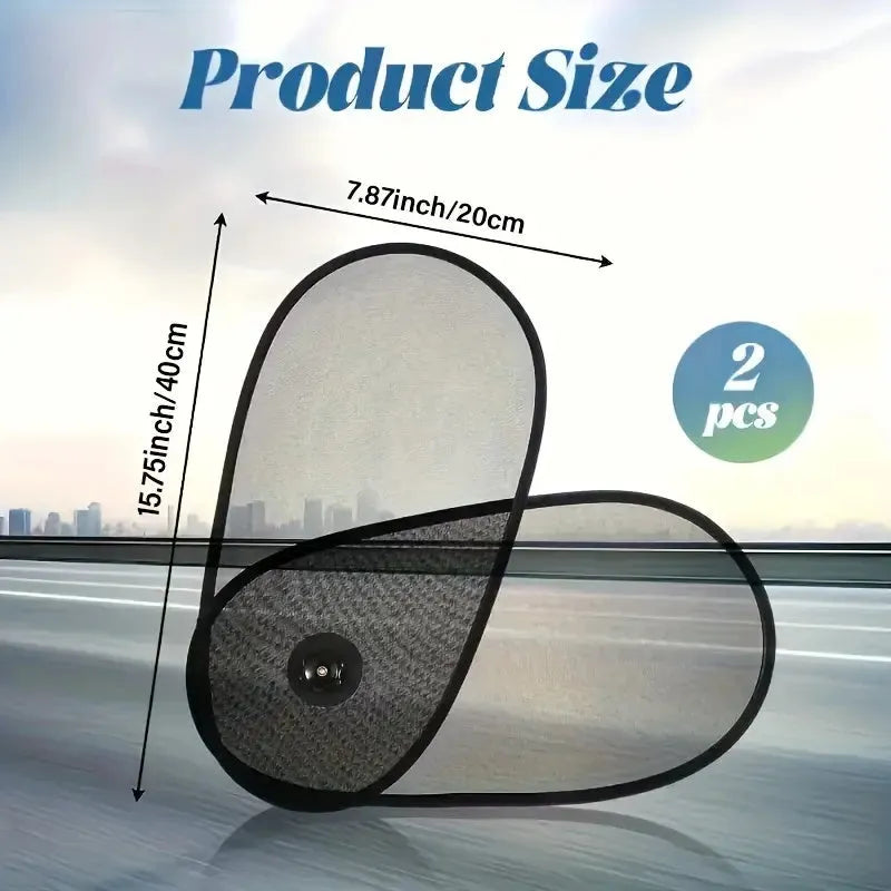 Black breathable mesh car side window sunshade stretched over glass with visible suction cups.