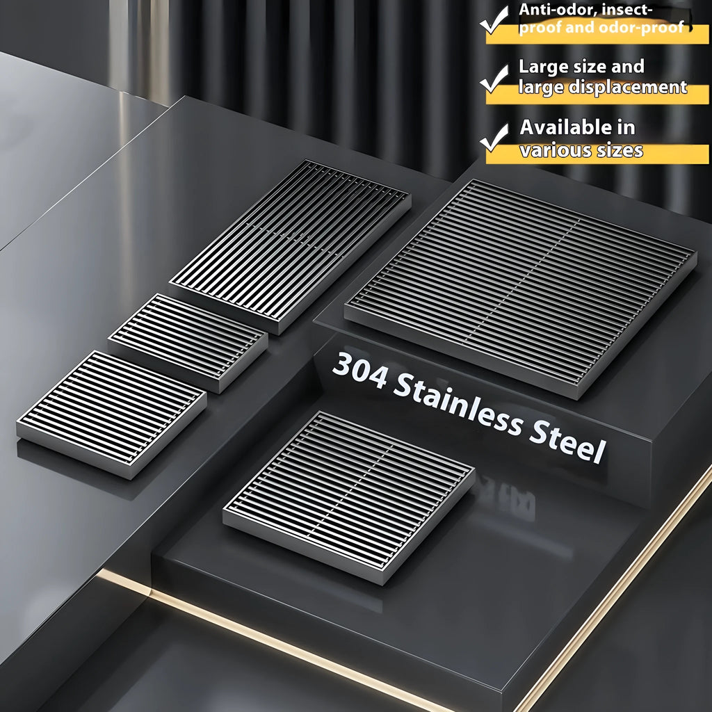 304 stainless steel courtyard floor drain with gun grey ABS plastic core, measuring 15x15 cm.
