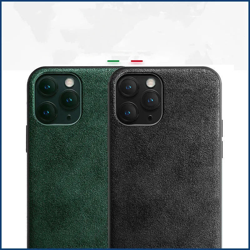 Suede iPhone case in dark blue colour showing full-cover protection and precise cutouts for ports and camera.