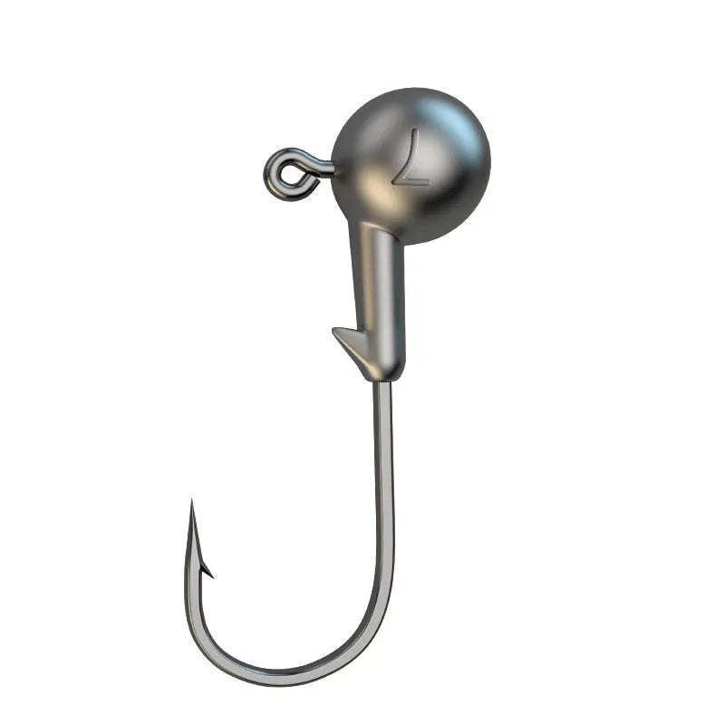 A pack of 50 steel jig fishing hooks in a primary colour, showing different hook point specifications.