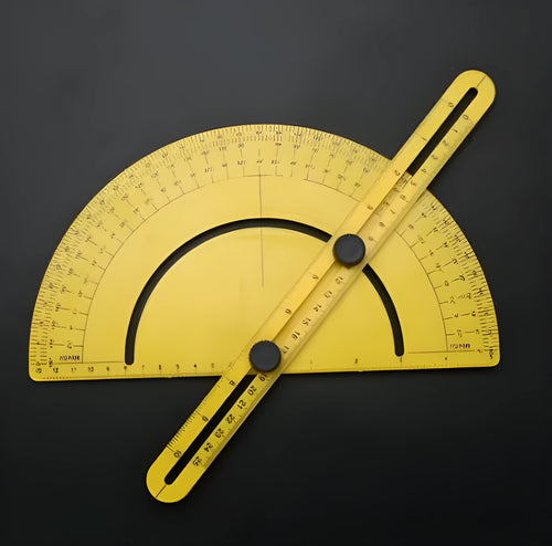 Plastic carpentry angle ruler with 180-degree scale and measurement markings for woodworking and tiling