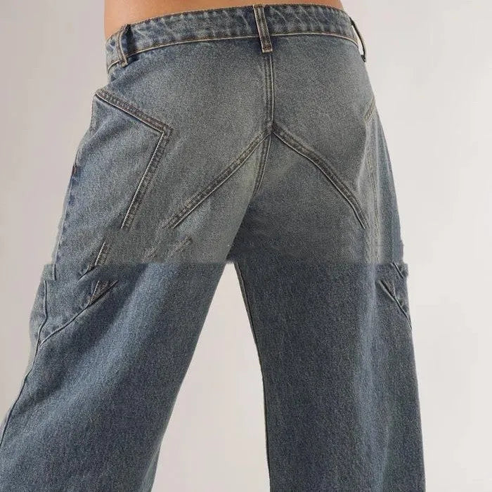 Women's cotton loose straight wide leg mop trousers in blue, light blue and dark grey colour options