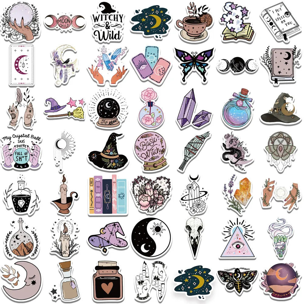 Bohemian wizard graffiti stickers, 50-sheet pack, PVC matte film, 5-7cm retro style in three colour options.