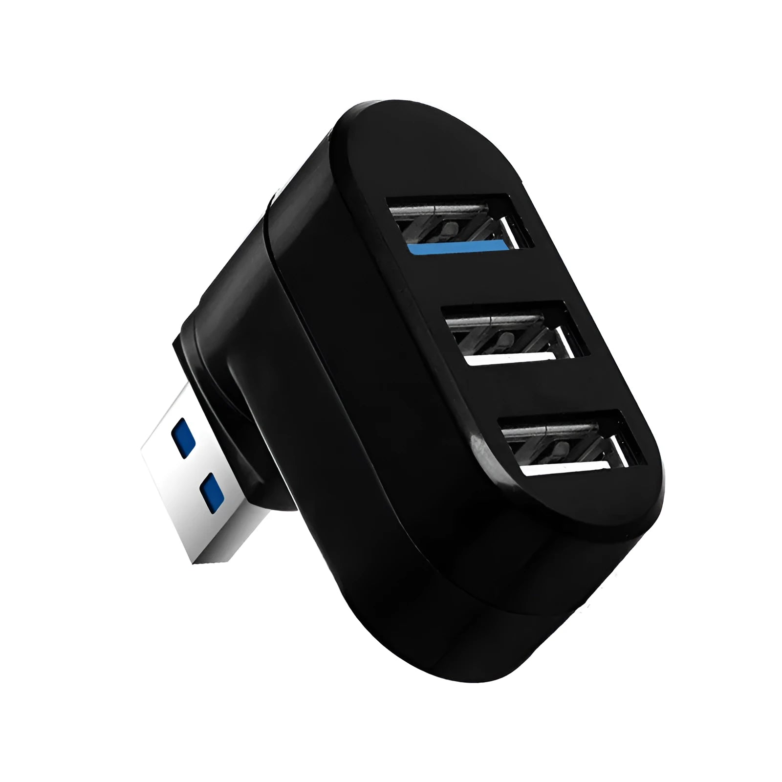 Black USB hub with four ports on a rotating white base, showing dimensions 15.5cm long.