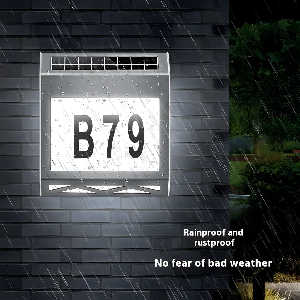 Solar powered waterproof doorplate light with LED digital display for outdoor house numbers