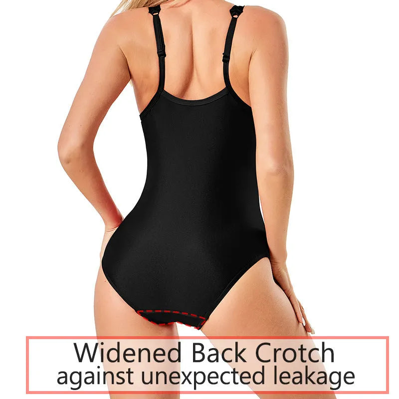 Black nylon-polyester women's swimsuit brief on plain background