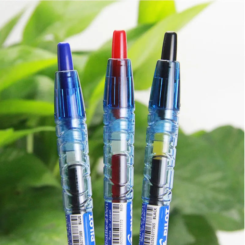 0.5mm press gel pen with transparent blue barrel showing refill colour