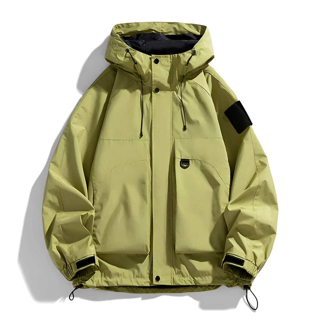 Men's black hooded waterproof jacket with long sleeves in a regular length