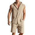 Men's linen sleeveless shirt and matching shorts suit set in light khaki colour.