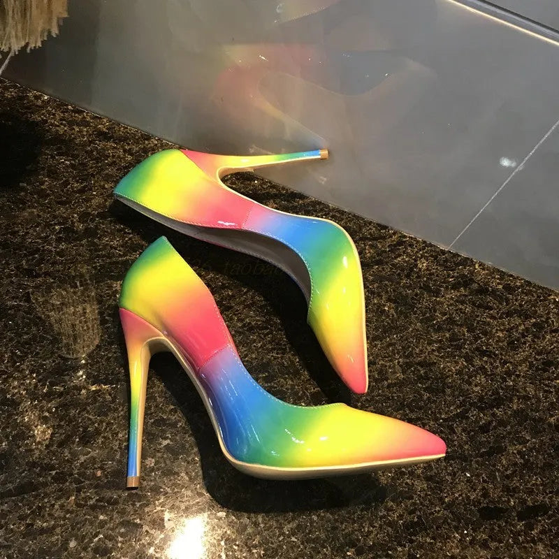 Rainbow patent leather women's high heels with pointed toe and ultra-high thin heel