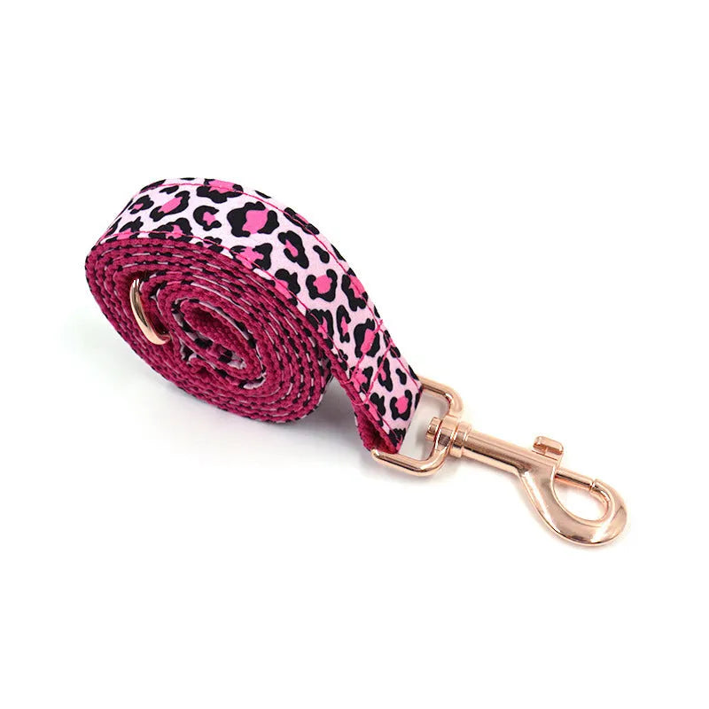 Leopard print dog collar and lead set in rose gold tone polyester, sizes XS to XL