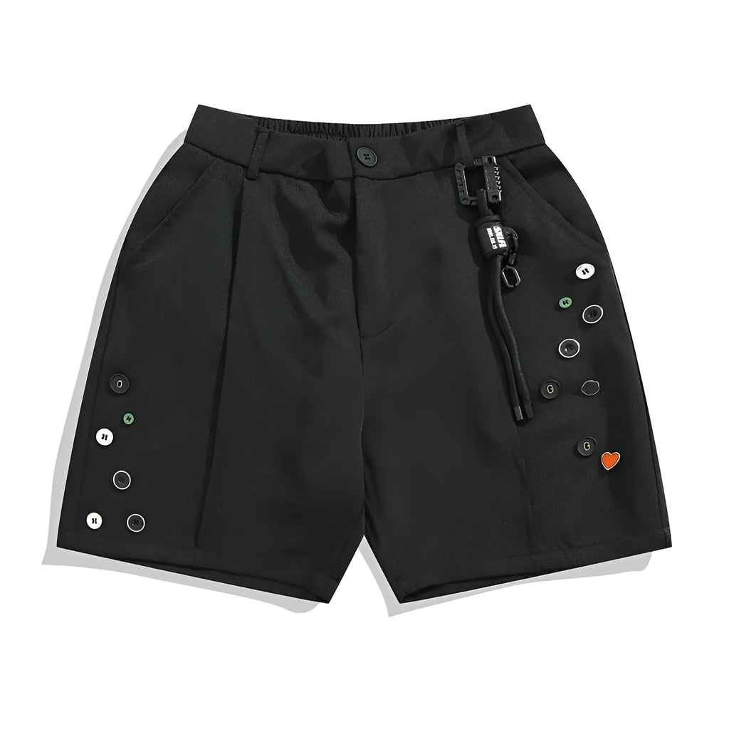 Men's black semi-elastic shorts with button and zip fly in loose straight-leg style