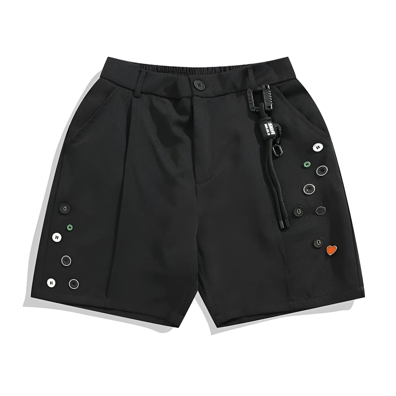 Men's black semi-elastic shorts with button and zip fly in loose straight-leg style
