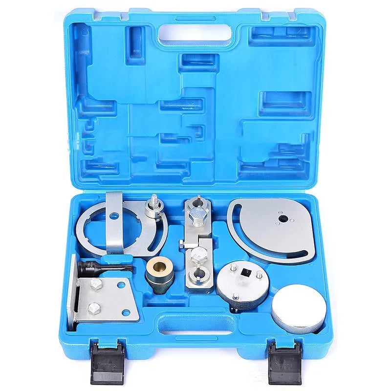 Volvo and Land Rover 3.0 3.2L engine timing tool kit with eight carbon steel pieces for cylinder head alignment.