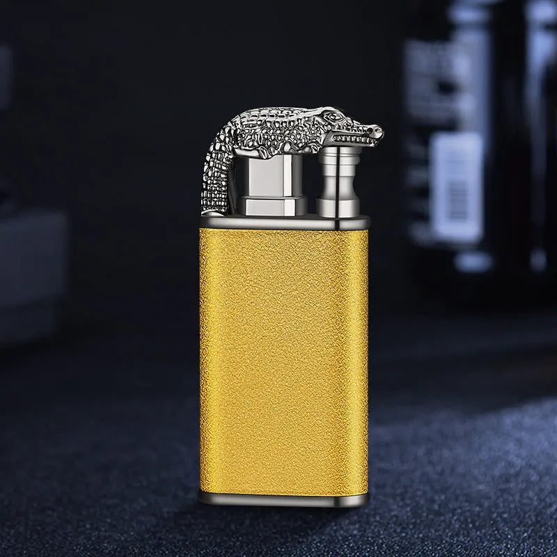 Creative blue flame lighter with windproof double fire and novelty dragon design, metal body