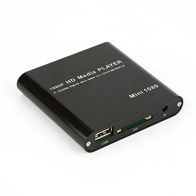 Blue or black 1080p HD media player with SD card and USB ports for video playback