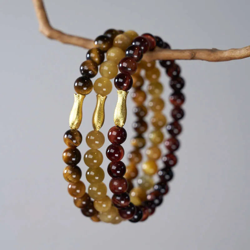 Tigereye small fish pendant handmade beaded bracelet with natural stone beads in 6mm size