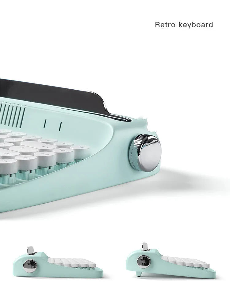 Retro iPad Bluetooth keyboard and mouse set in mint green with blue dual-mode mouse and adjustable bracket