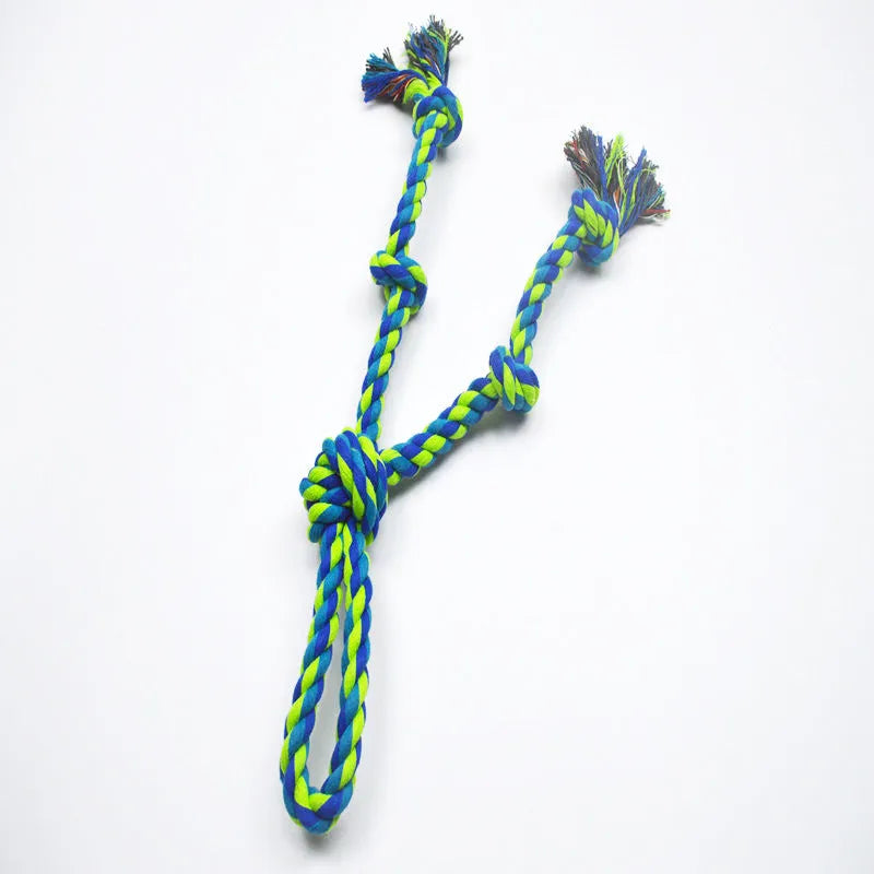 Heavy-duty cotton rope knot dog toy for large breeds, 77cm long, with four or five knots for chewing and tug of war.