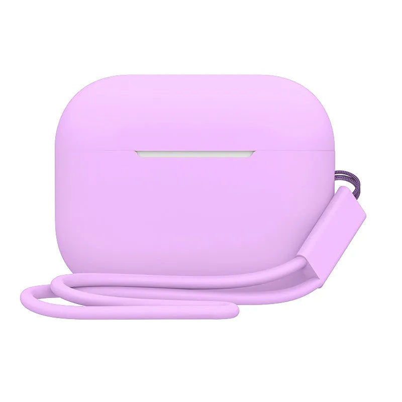 Silicone protective case cover for AirPods Pro 2 with attached lanyard, solid colour finish, 65x52x26mm
