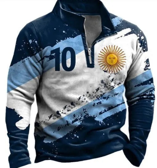 Men's loose fit long sleeve t-shirt with retro colour printing and zipper decorations on textured fabric.