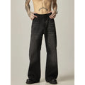 Man's black loose-fit straight-leg retro jeans made from polyester denim fabric.