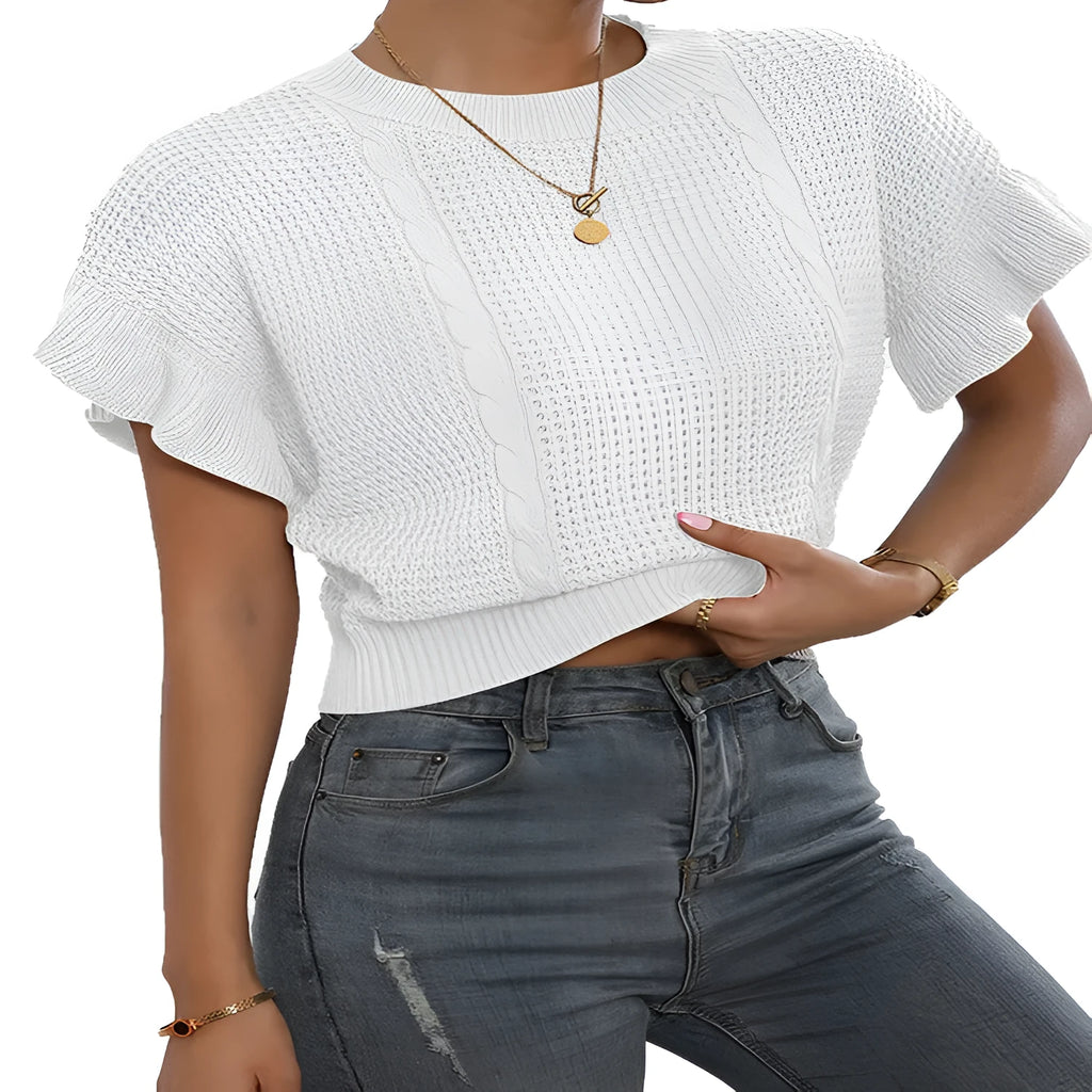 Loose fit knitted sweater with round neck and ruffled short sleeves in dark brown.