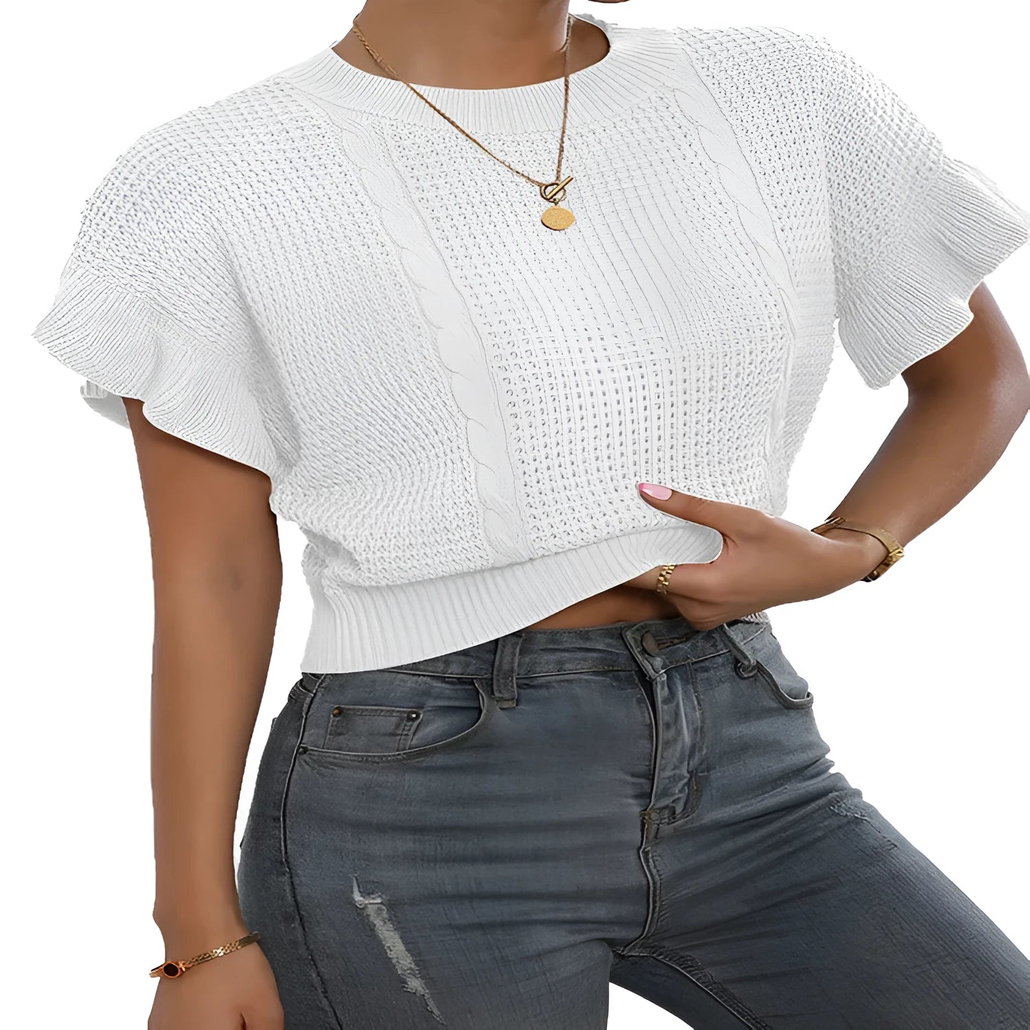 Loose fit knitted sweater with round neck and ruffled short sleeves in dark brown.