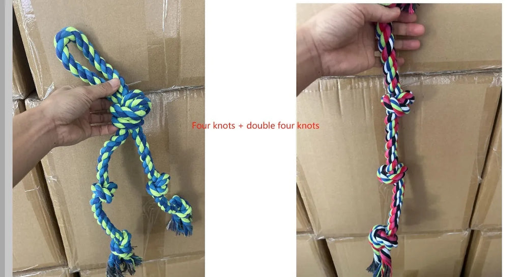 Heavy-duty cotton rope knot dog toy for large breeds, 77cm long, with four or five knots for chewing and tug of war.