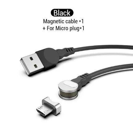 Rotating magnetic three-in-one charging cable with blind magnetic connector in 1m length, black colour, with interchangeable Apple, Type-C, and Android heads