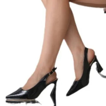 Women's pointed toe mid heel ankle-strap buckle pumps in black brown and white sizes 35 to 42