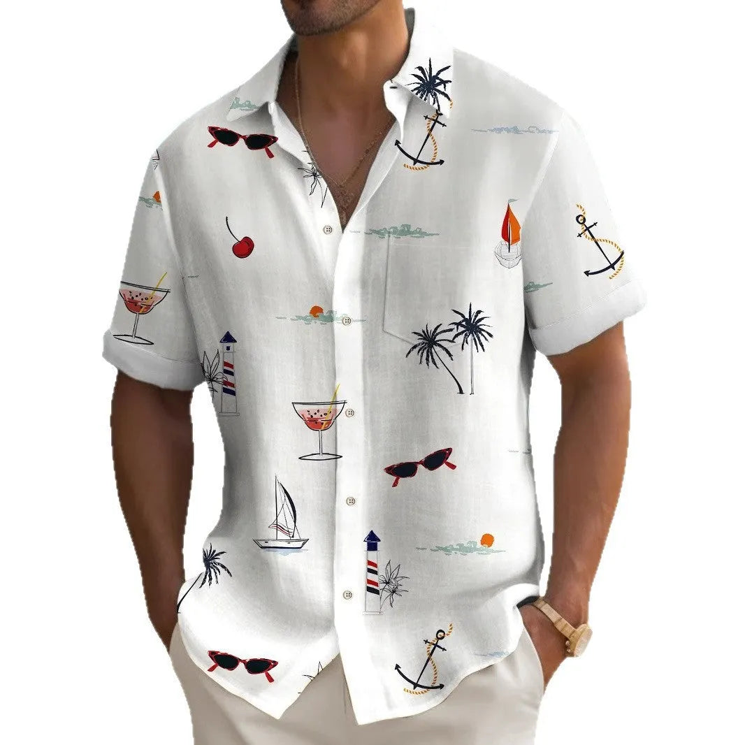 Man wearing a loose-fit, short-sleeve Hawaiian print shirt with colourful digital patterns.