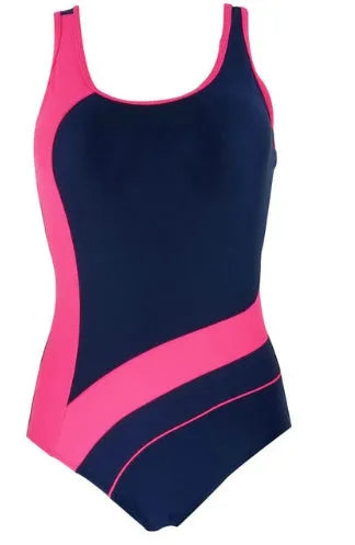 Women's one-piece sport swimsuit with full back coverage in sizes S to XXL