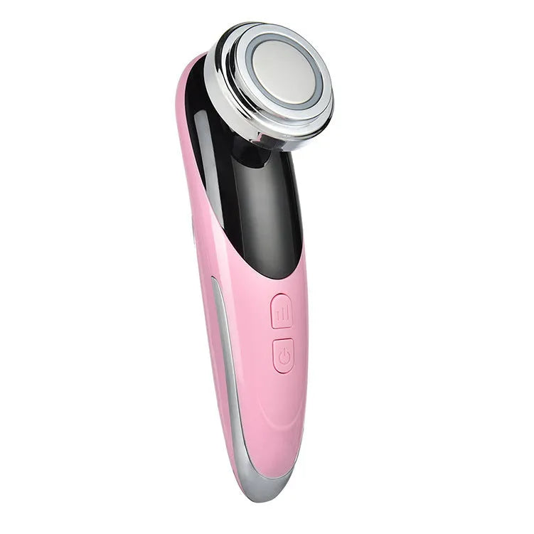 Pink cleansing and rejuvenating beauty instrument with red and blue light modes, ABS and plating construction
