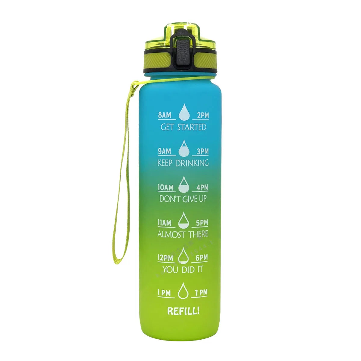 1000ml food-grade plastic sports water bottle, 29.5cm tall, in gradient blue-green colour.