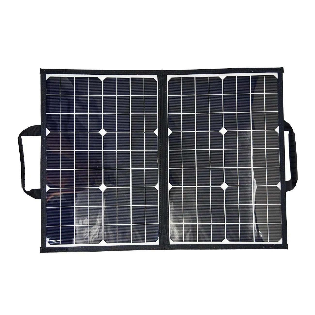 Black 40-watt single crystal solar panel folded inside its protective carry bag, showing compact size.