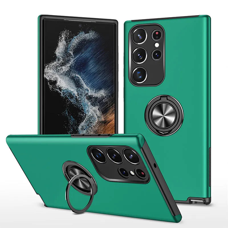 Magnetic ring stand anti drop Samsung phone case in PU, back cover with bracket and magnetic suction