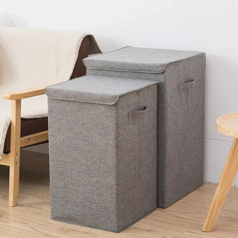 Brown foldable three-dimensional fabric storage basket with cotton linen material, shown upright and collapsed flat.