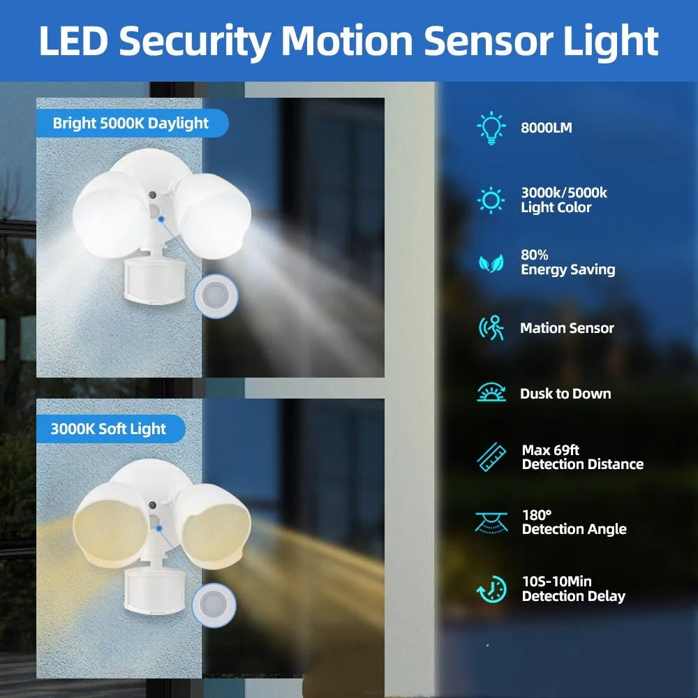 White outdoor LED security flood light with motion sensor mounted on a wall beside a garage door.