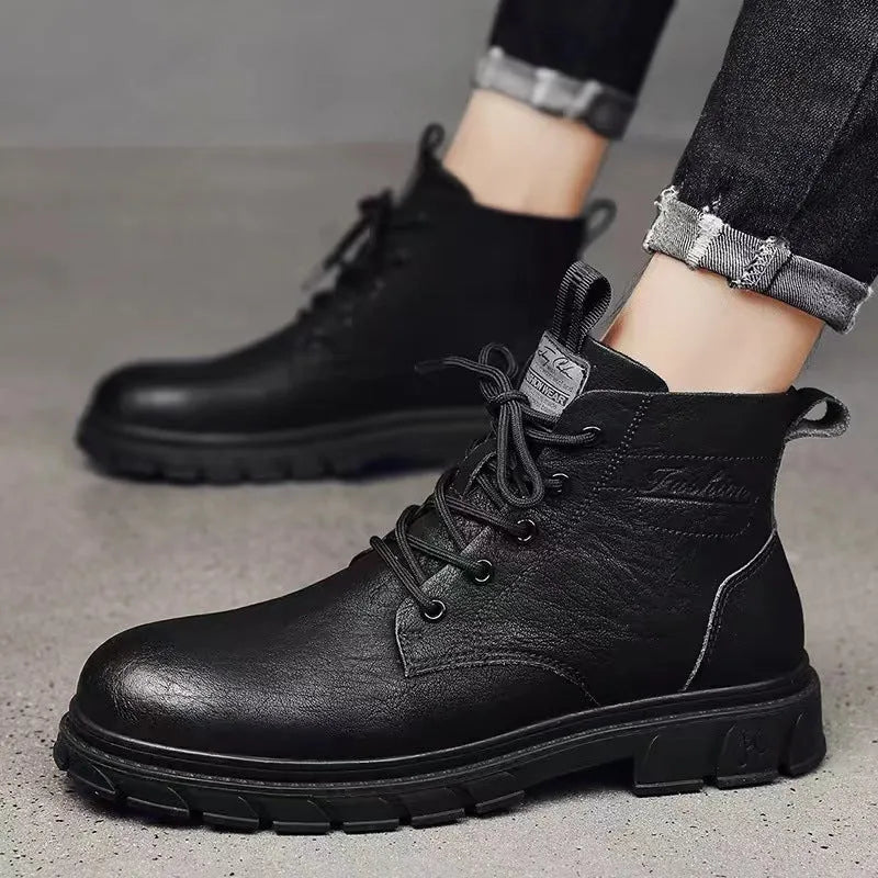 Men's high-top Martin boots in black or brown PU with front lacing, rubber sole, round toe, sizes 39-44
