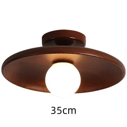 Minimalist solid wood and glass ceiling lamp in walnut colour, 28cm diameter.