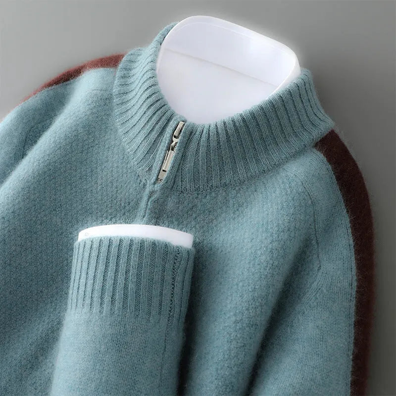 Slim fit sheep wool knitted sweater with half zip and round neck in camel colour