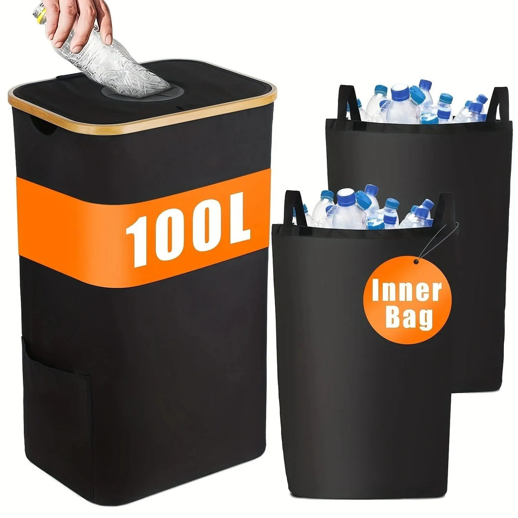 Black bamboo-style storage basket with removable lid and double inner pockets