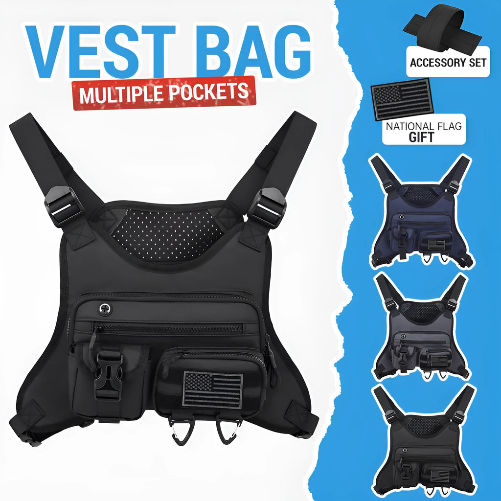 Outdoor sports chest bag designed as a breathable vest in Oxford cloth, shown in black.
